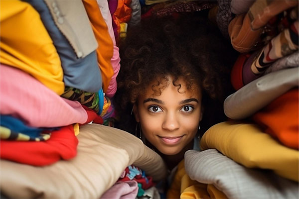 Woman organizing clothes for donation in apartment